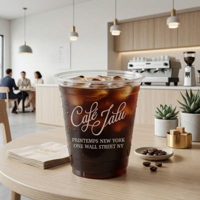 12oz clear plastic cup with iced coffee in a modern cafe setting