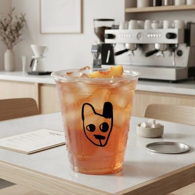 12oz clear plastic cup with iced drink and dog logo in cafe setting