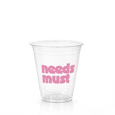 12oz clear plastic cup with pink needs must logo for cold drinks