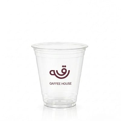 12oz clear plastic cup with minimalist logo design for cold beverages