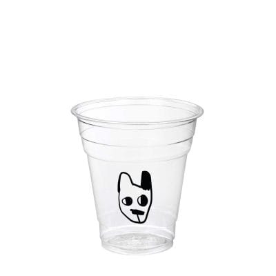 Clear plastic cold cup with minimalist black face logo, transparent disposable cup for iced coffee and cold beverages