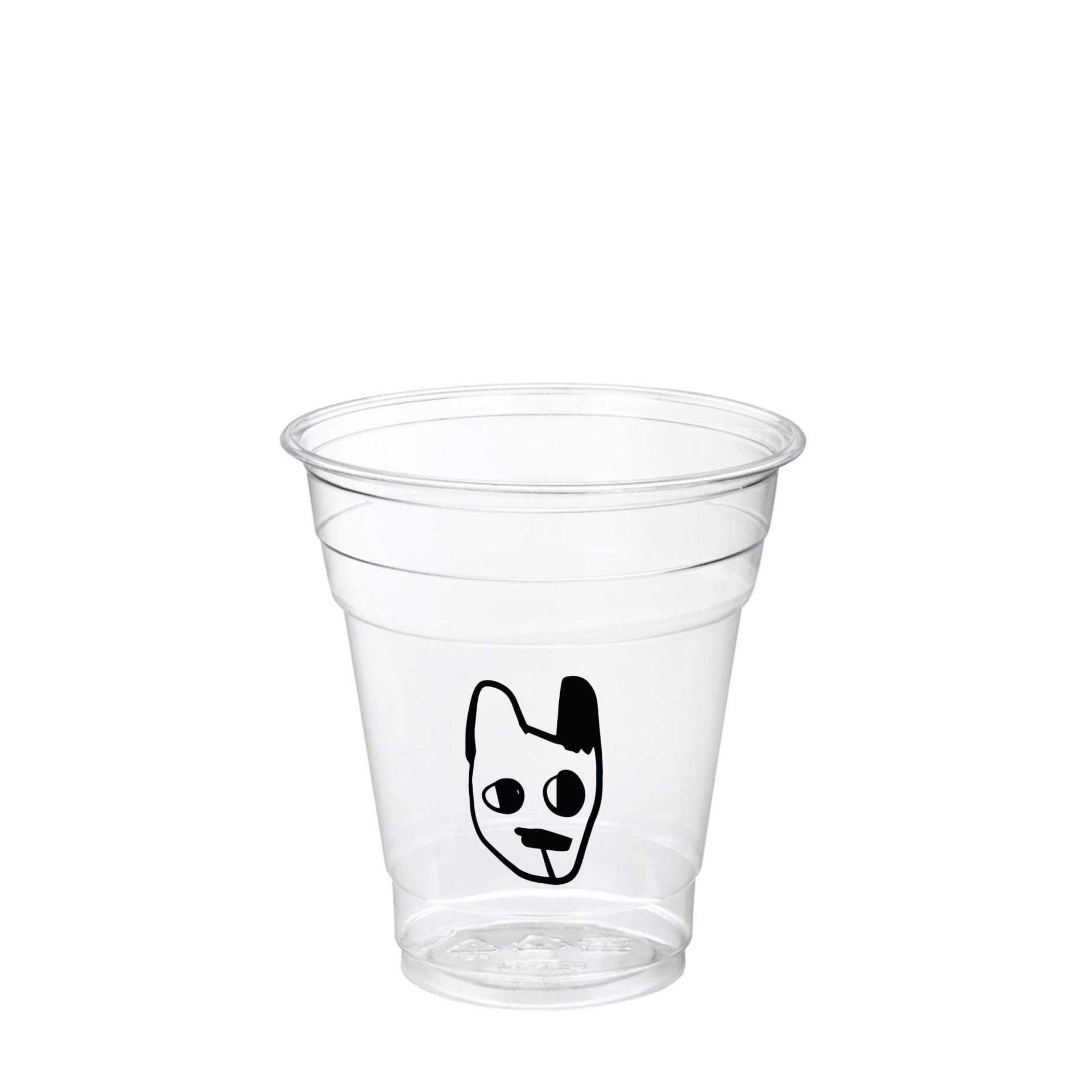 Clear plastic cold cup with minimalist black face logo, transparent disposable cup for iced coffee and cold beverages