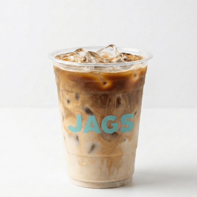 Clear plastic iced coffee cup with custom JAGS logo, transparent cold cup for cafe iced beverages