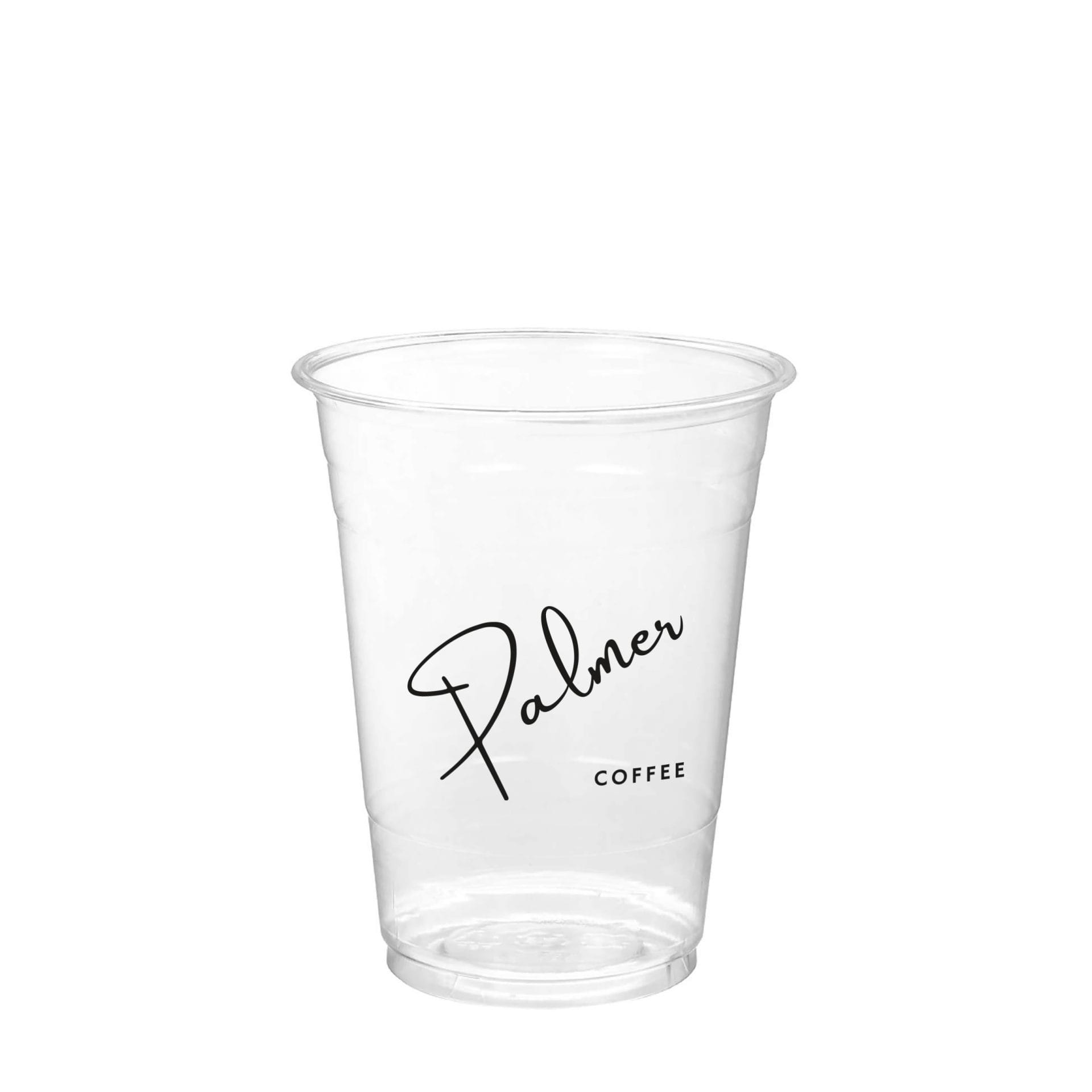 Clear plastic cold cup with Palmer Coffee logo, transparent disposable cup for iced coffee and cold drinks