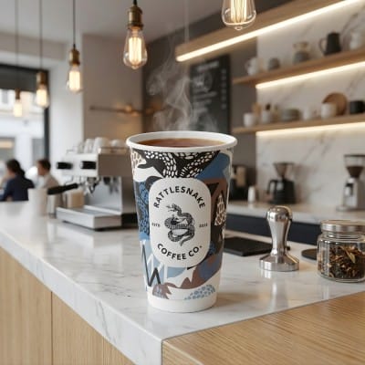 16 oz custom double wall paper coffee cup with Rattlesnake Coffee Co branding and full wrap design in café setting