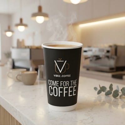 16 oz custom double wall paper coffee cup with black finish and Vibe Coffee branding in café setting with hot beverage