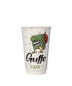 16 oz custom paper coffee cup with full color printed Gufo Café design