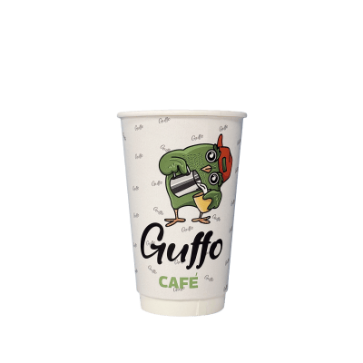 16 oz custom paper coffee cup with full color printed Gufo Café design
