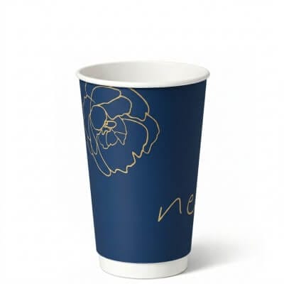 16 oz custom double wall coffee cup with blue design and minimalist floral line art