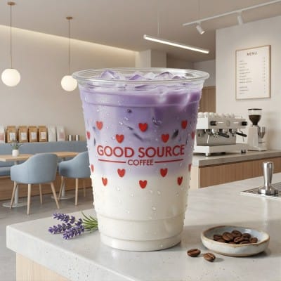 16oz clear plastic cup with iced drink and Good Source branding in cafe setting