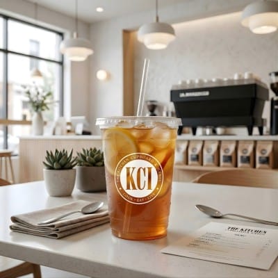 16oz clear plastic cup with iced tea on cafe counter in modern setting