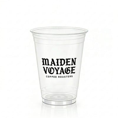 16oz clear plastic cup with Maiden Voyage logo for cold drinks
