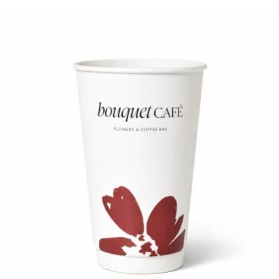16 oz custom white coffee cup with Bouquet Café logo and red floral design