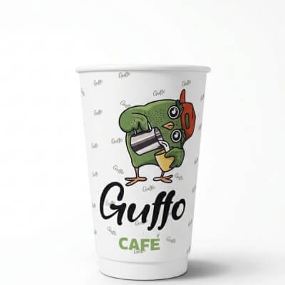 16 oz custom double wall coffee cup with Guffo Café logo and cartoon bird illustration