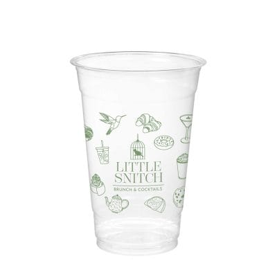 Clear plastic cold cup with Little Snitch Brunch and Cocktails logo, custom printed disposable cup for iced drinks