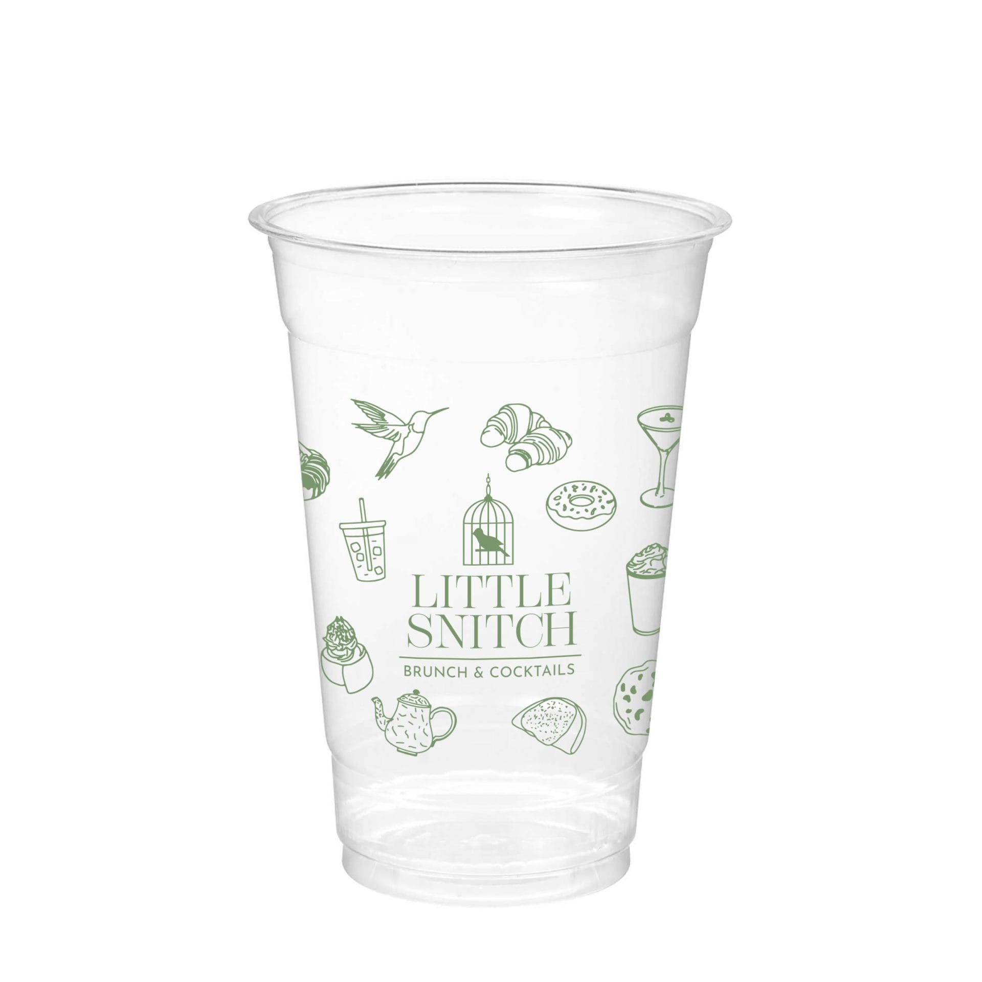 Clear plastic cold cup with Little Snitch Brunch and Cocktails logo, custom printed disposable cup for iced drinks