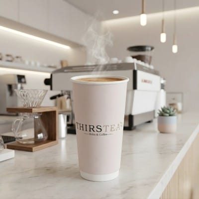 20 oz custom double wall paper coffee cup with ThirsTea branding on café counter with espresso machine and steam