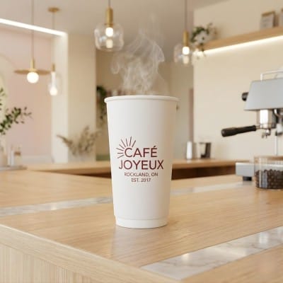 20 oz custom double wall white paper coffee cup with Café Joyeux branding in modern café setting with hot drink