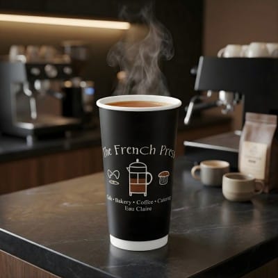 20 oz custom double wall paper coffee cup with The French Press branding and hot coffee steam in café setting