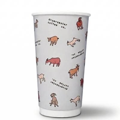 20 oz custom double wall paper coffee cup with animal pattern and Drumroaster Coffee branding