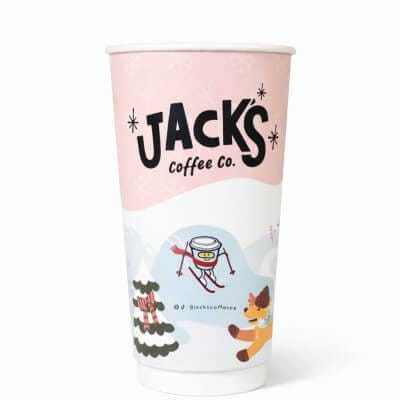 20 oz custom double wall coffee cup with Jack’s Coffee Co logo and winter themed illustration