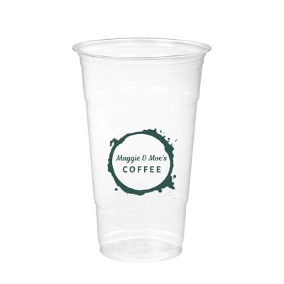 Clear plastic cold cup with Maggie and Moe’s Coffee logo, custom printed disposable cup for iced coffee and cold drinks