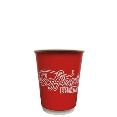 8 oz custom paper coffee cup with red finish and printed logo