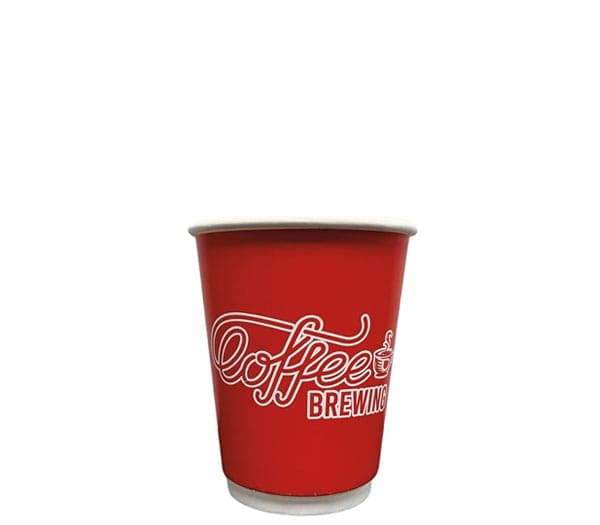 8 oz custom paper coffee cup with red finish and printed logo