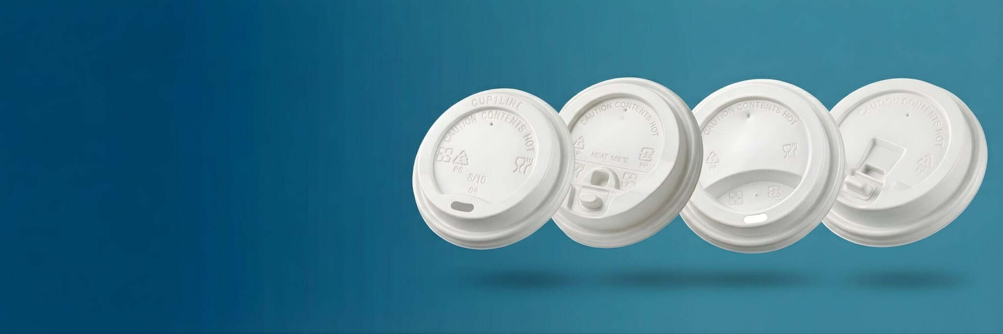hot cup lids assortment showing multiple white coffee cup lid styles on blue background