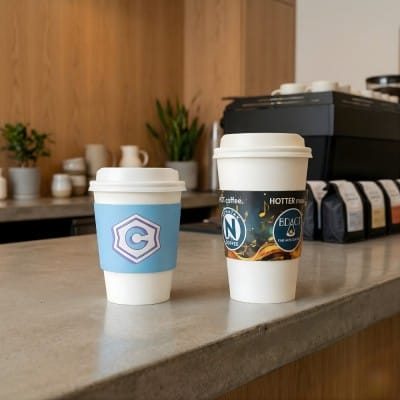 custom paper coffee cups with premium corrugated sleeves featuring branded designs on café counter