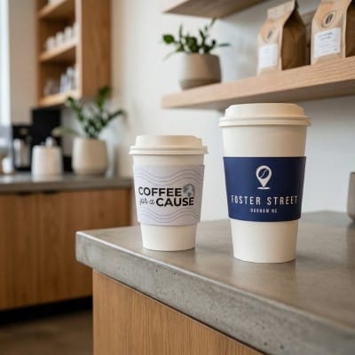 custom paper coffee cups with premium corrugated sleeves featuring Coffee for a Cause and Foster Street branding on café counter