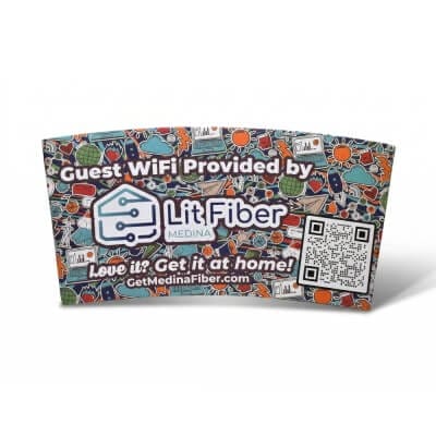 custom printed corrugated coffee cup sleeve with Lit Fiber branding, guest WiFi message, and QR code