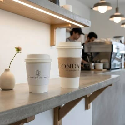 custom paper coffee cups with classic sleeves featuring ONDA and Brunello Cucinelli branding on café counter