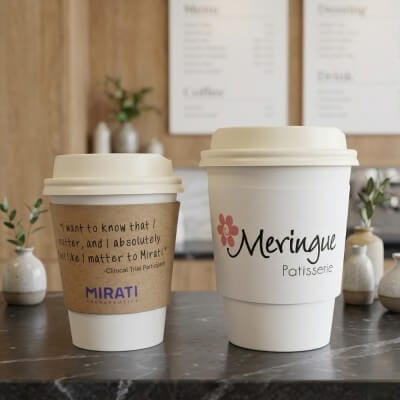 custom paper coffee cups with classic sleeves featuring Mirati and Meringue Patisserie branding on café counter