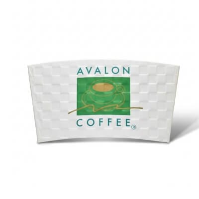 custom white textured coffee cup sleeve with Avalon Coffee logo and green cup graphic