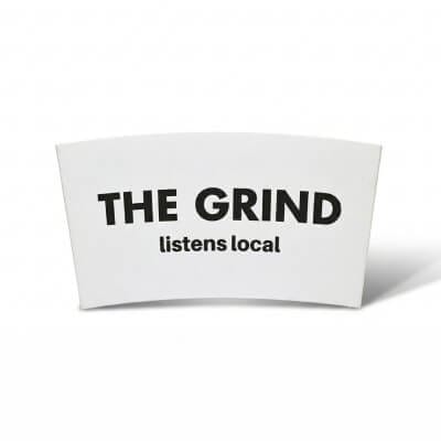 white custom coffee cup sleeve with The Grind logo and minimalist branding design