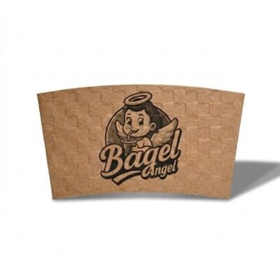 custom kraft coffee cup sleeve with Bagel Angel logo and textured classic design
