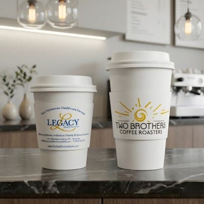 custom paper coffee cups with corrugated sleeves featuring branded designs in café setting