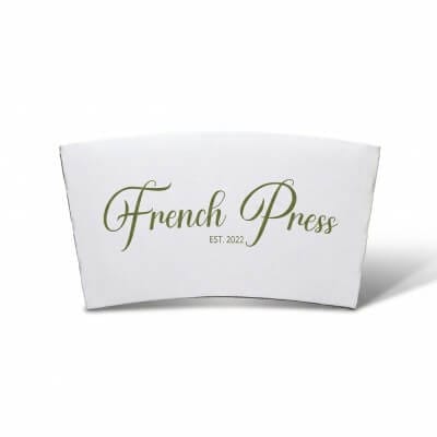 custom white corrugated coffee cup sleeve with French Press logo and elegant script design