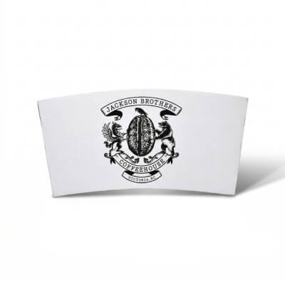 custom white corrugated coffee cup sleeve with Jackson Brothers Coffeehouse logo