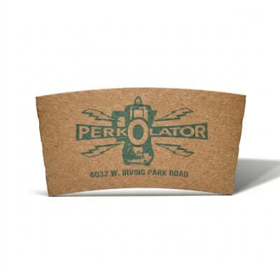 custom kraft corrugated coffee cup sleeve with Perkolator branding and address printed in green