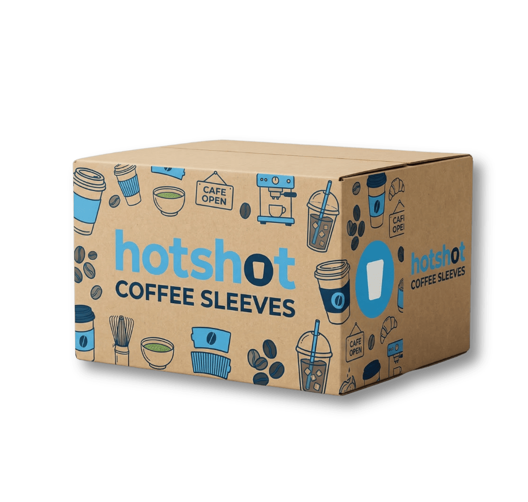 custom printed coffee packaging box with Hotshot Coffee Sleeves branding and café illustrations