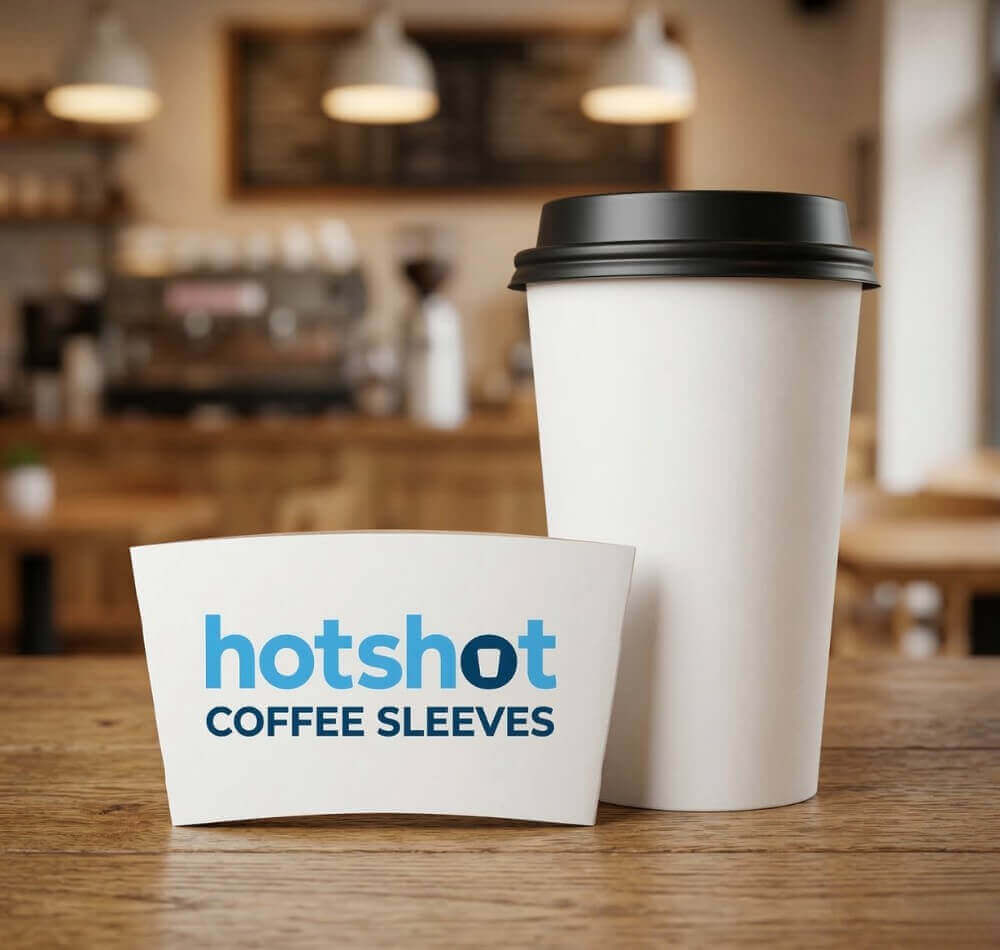 Custom-printed white coffee sleeve with logo next to a plain takeaway cup in a professional cafe setting.