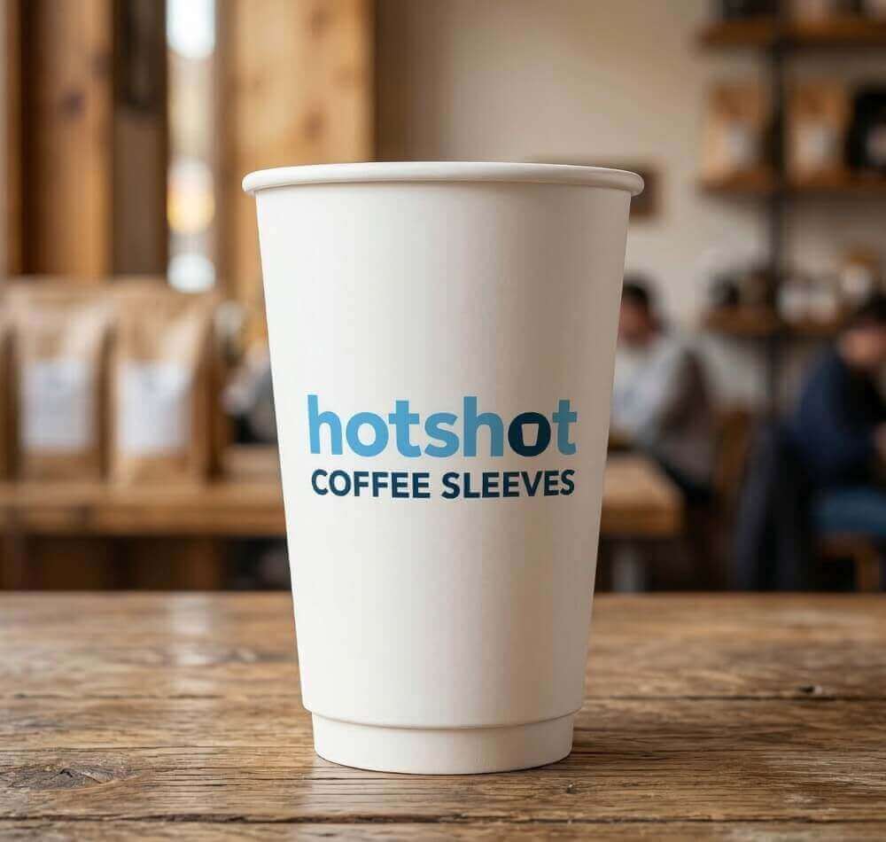 White custom-printed double-wall paper coffee cup with Hotshot Coffee Sleeves branding on a cafe table.