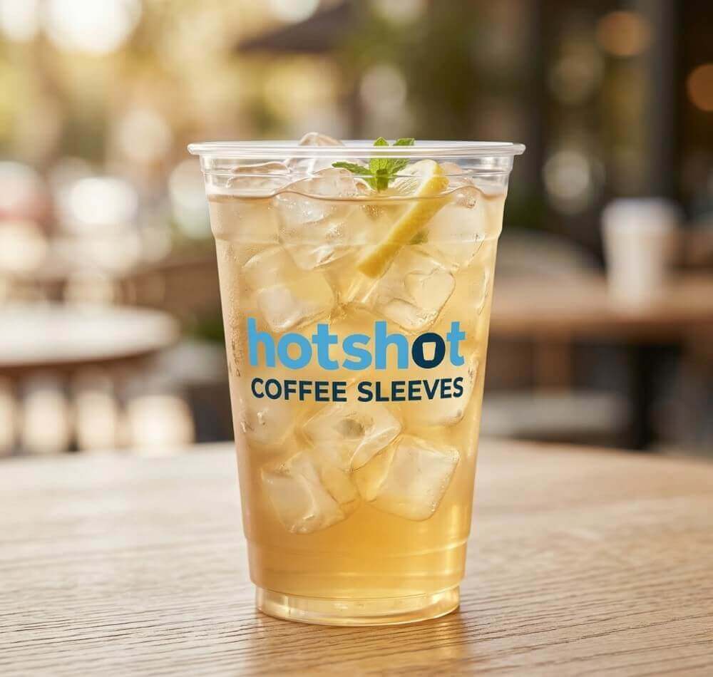 Custom-printed clear plastic cold cup with logo for iced coffee and tea at a cafe.