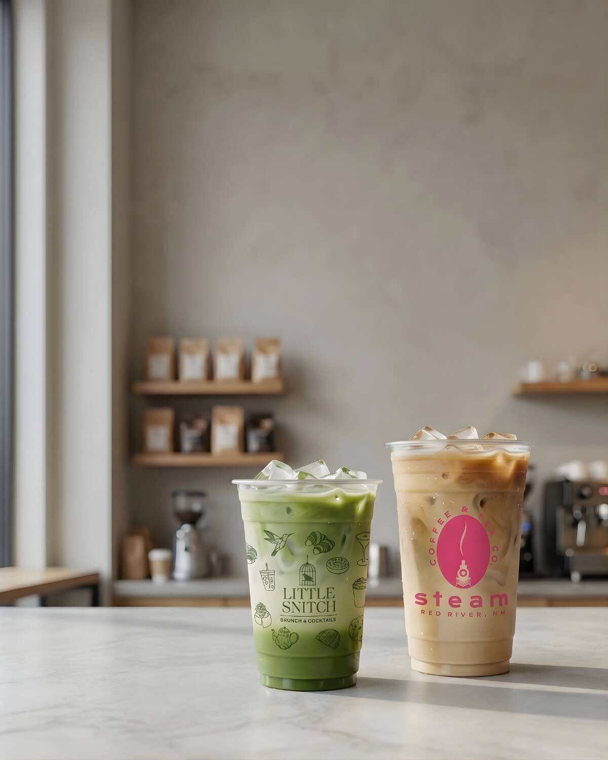 custom plastic cups with iced drinks for cafés and takeaway in the USA.