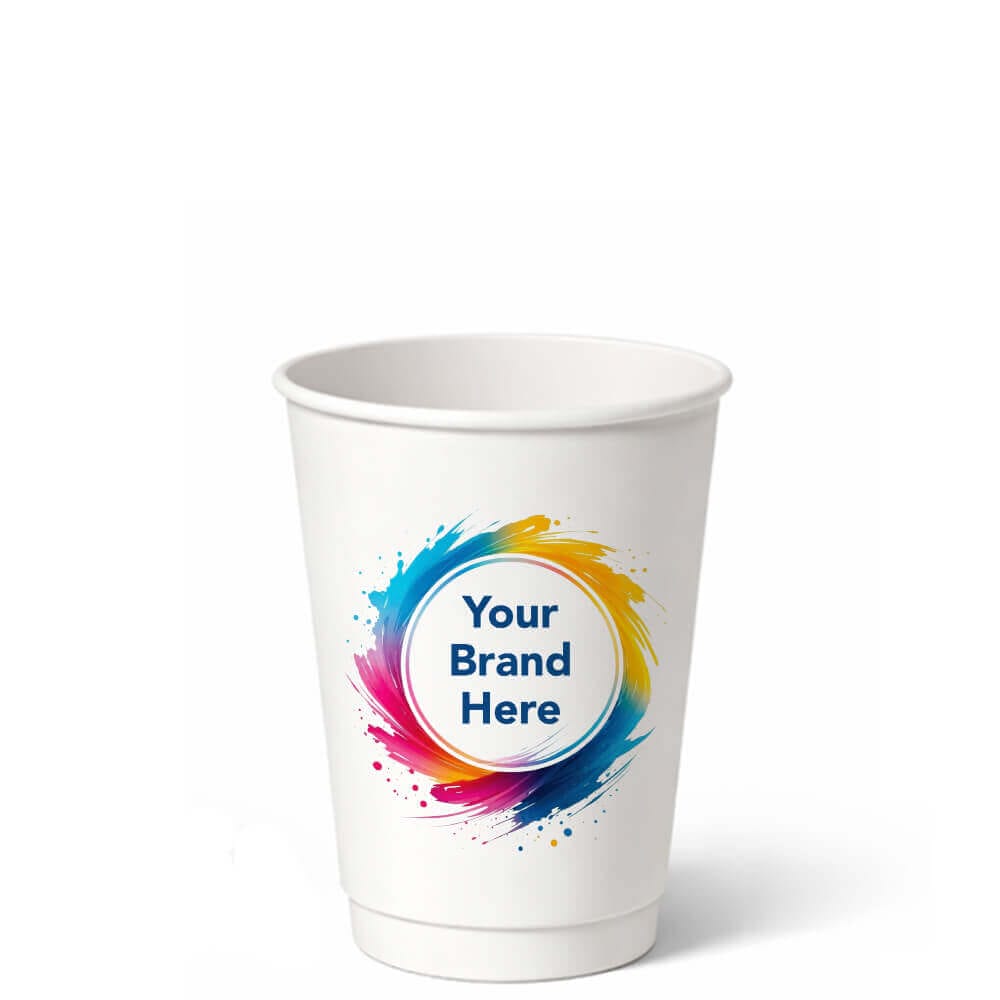 12oz white double wall coffee cup with a colorful "Your Brand Here" logo mockup for custom cafe branding.