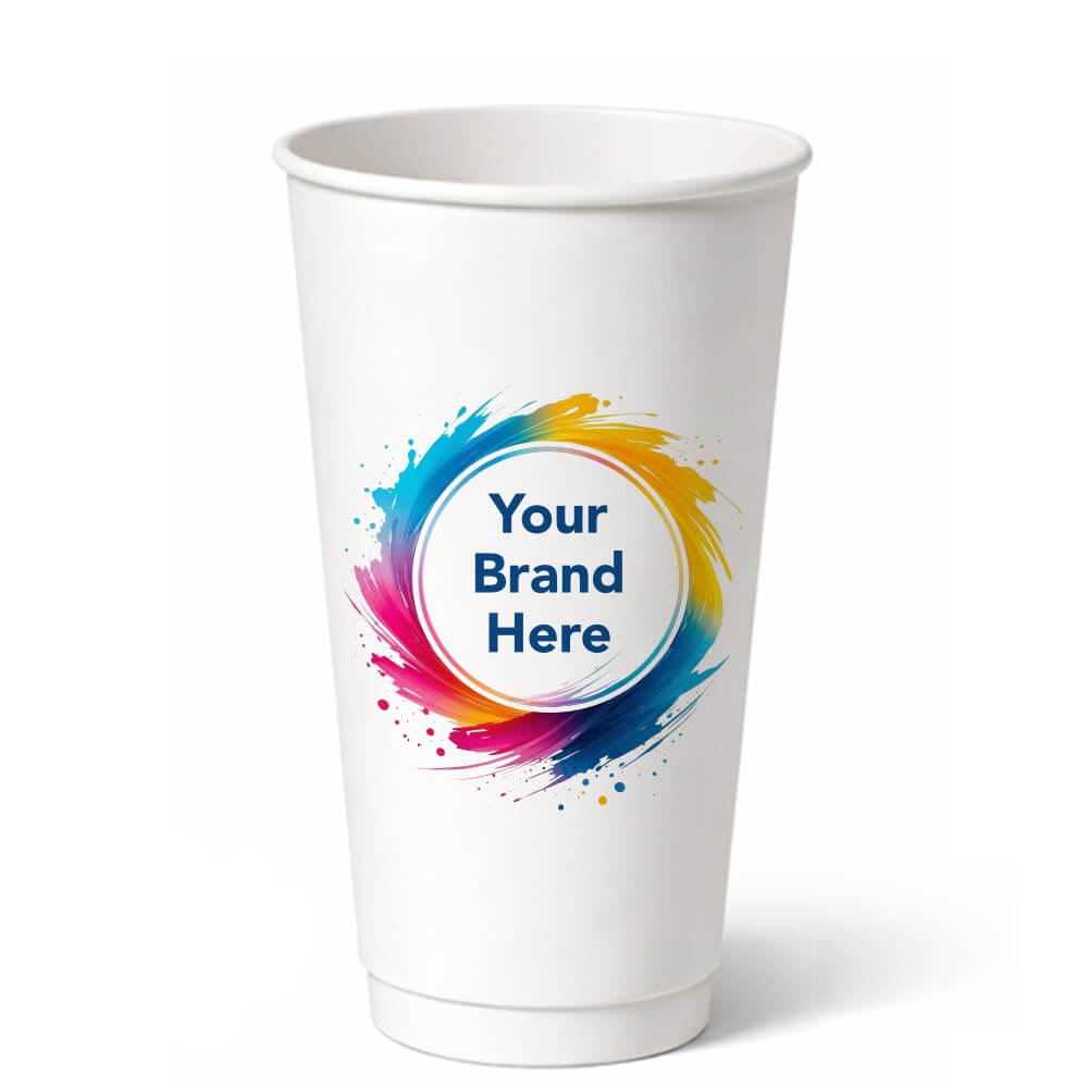 Large 20oz custom-printed double-wall paper coffee cup with a colorful "Your Brand Here" logo mockup.