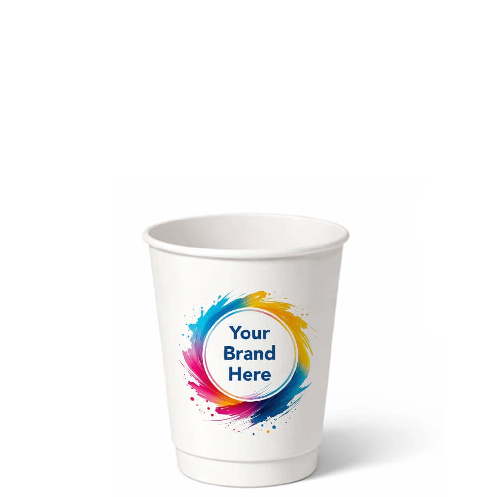 Small 8oz custom-printed double-wall paper coffee cup with a vibrant logo mockup for espresso-based drinks.