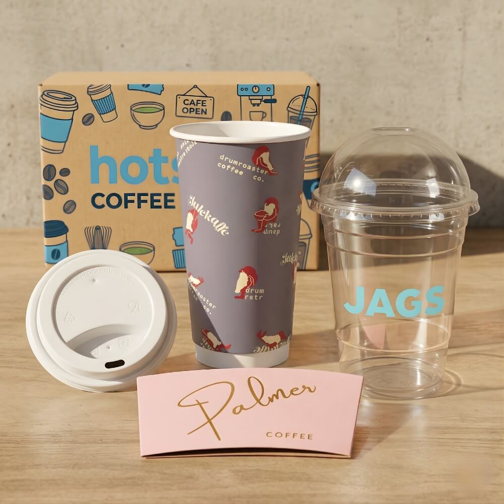 custom coffee cup sleeve samples with branded cups lids and packaging display